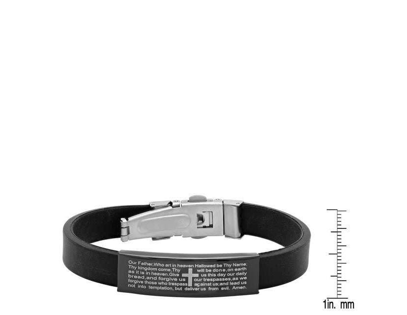 Mens black rubber bracelet with stainless steel black ip lords prayer accent