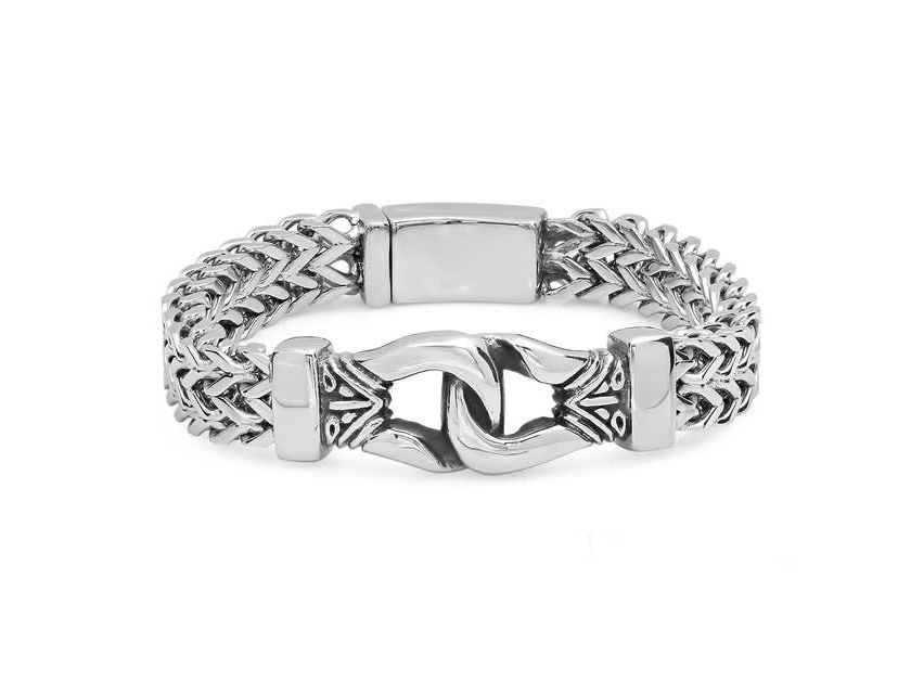 Mens stainless steel double row wheat chain buckle bracelet