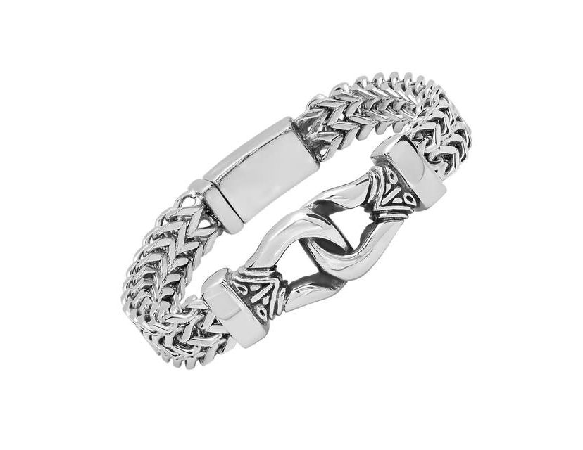 Mens stainless steel double row wheat chain buckle bracelet