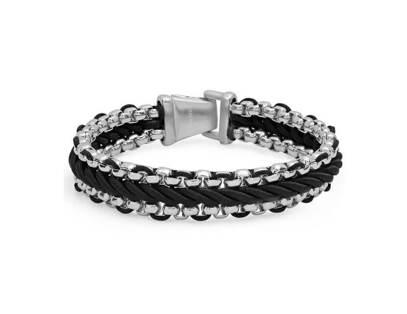 Mens stainless steel and black cord twist bracelet