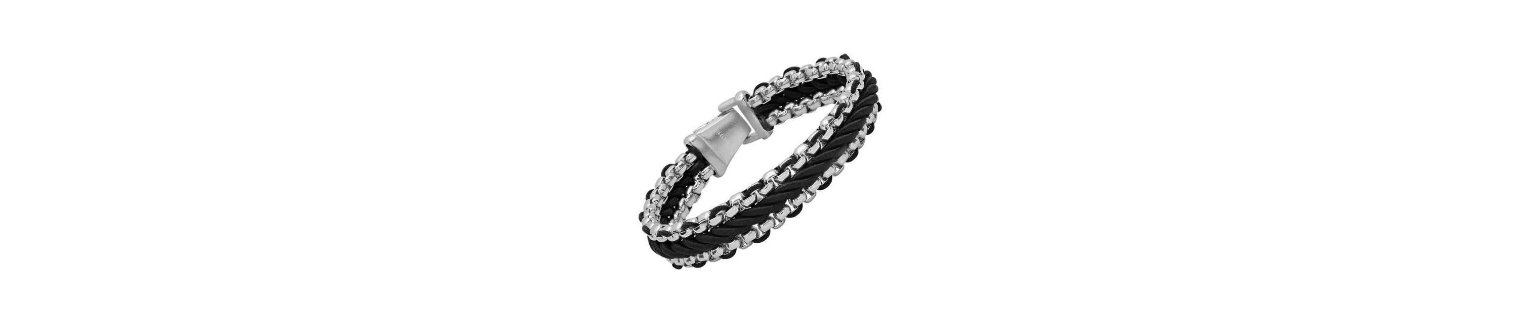 Mens stainless steel and black cord twist bracelet