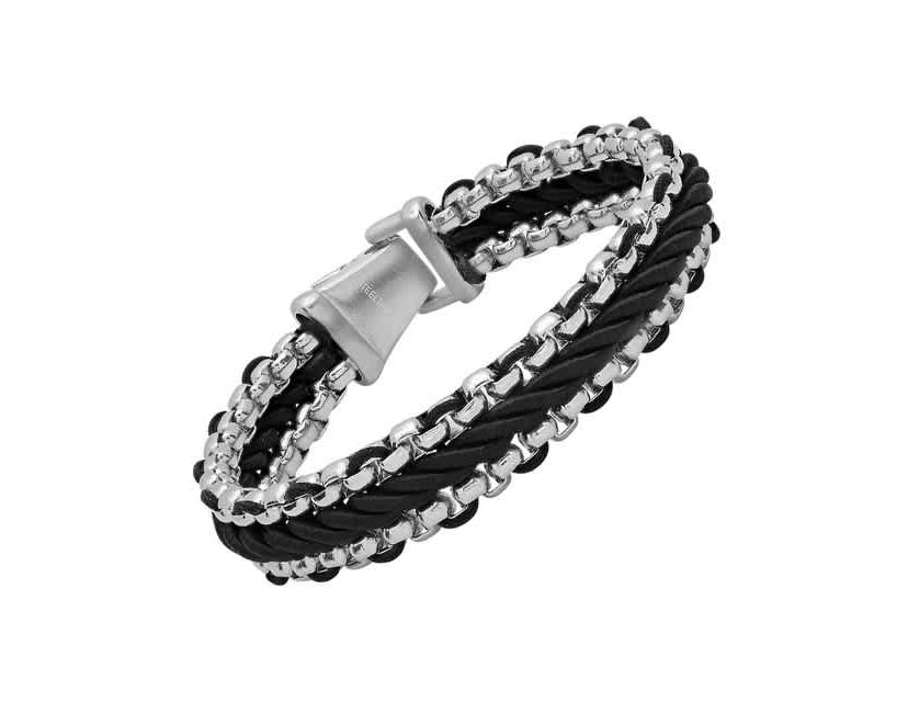 Mens stainless steel and black cord twist bracelet