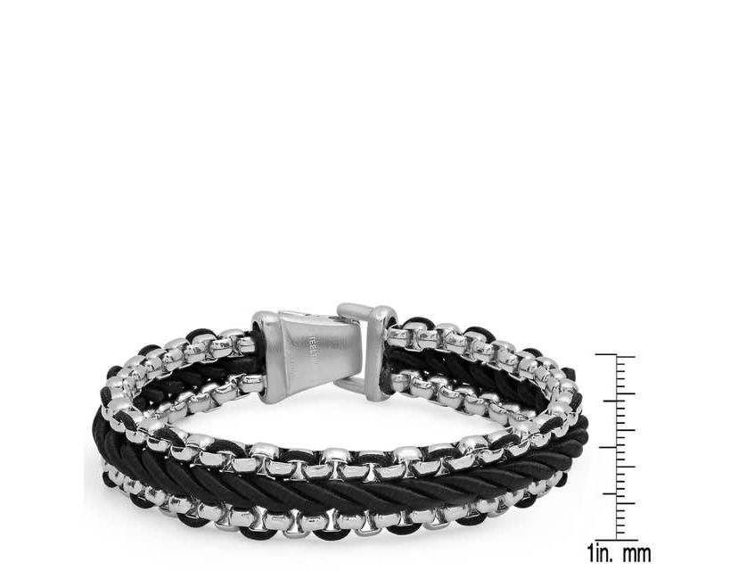 Mens stainless steel and black cord twist bracelet