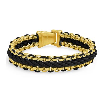 STEELTIME Men's 18k gold plated stainless steel double box chain and black nylon twisted cord bracelet