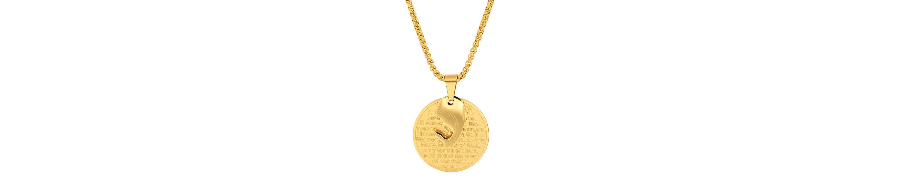 Mens 18k gold plated stainless steel Hail Mary prayer round pendant