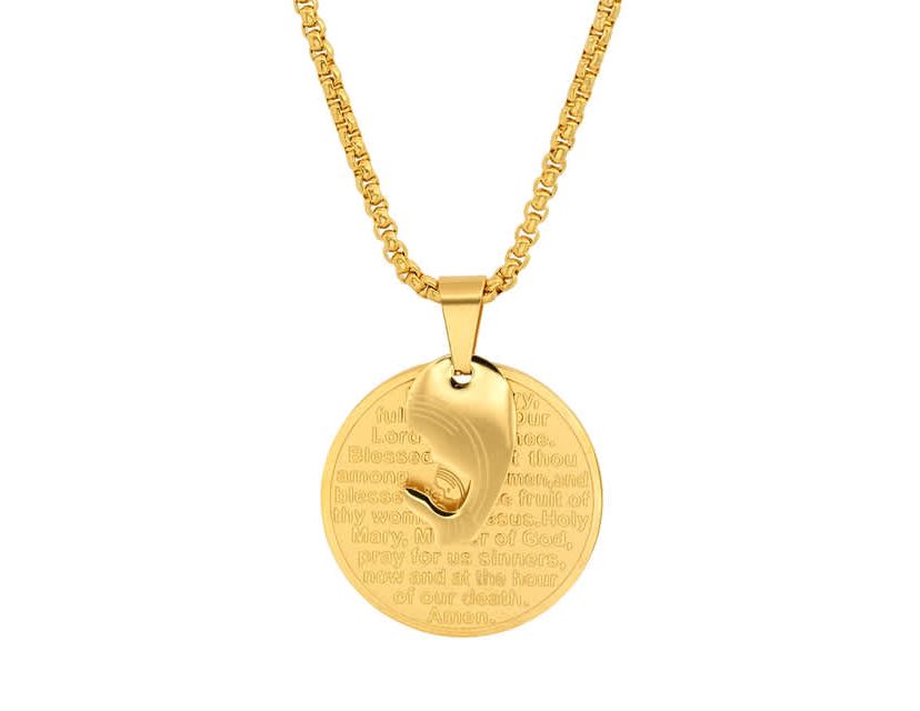Mens 18k gold plated stainless steel Hail Mary prayer round pendant