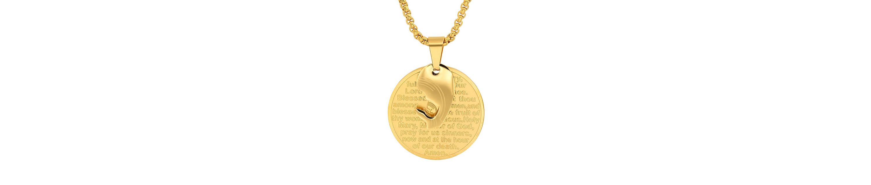 Mens 18k gold plated stainless steel Hail Mary prayer round pendant