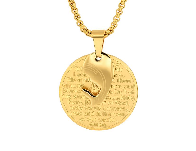 Mens 18k gold plated stainless steel Hail Mary prayer round pendant
