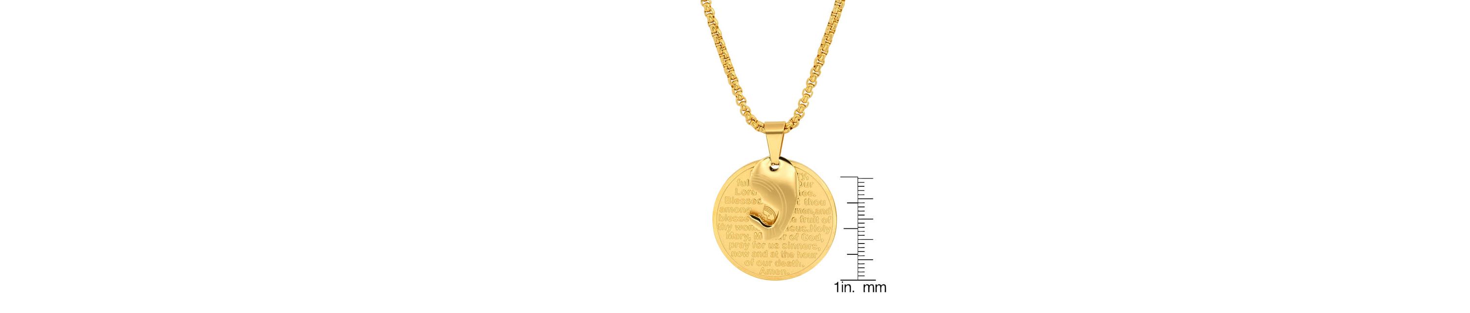 Mens 18k gold plated stainless steel Hail Mary prayer round pendant
