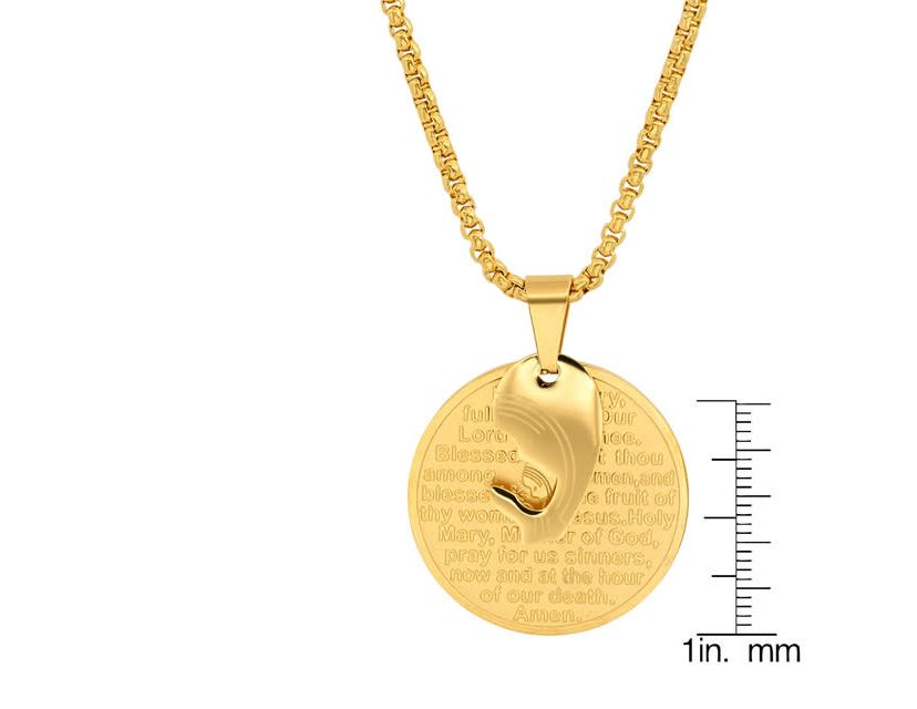 Mens 18k gold plated stainless steel Hail Mary prayer round pendant