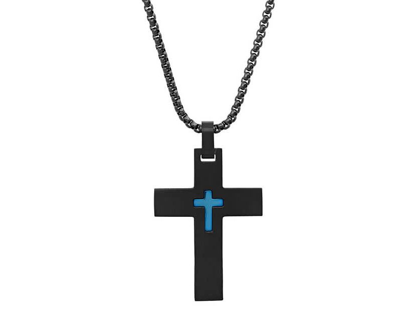 Mens black and blue ip stainless steel cross pendant