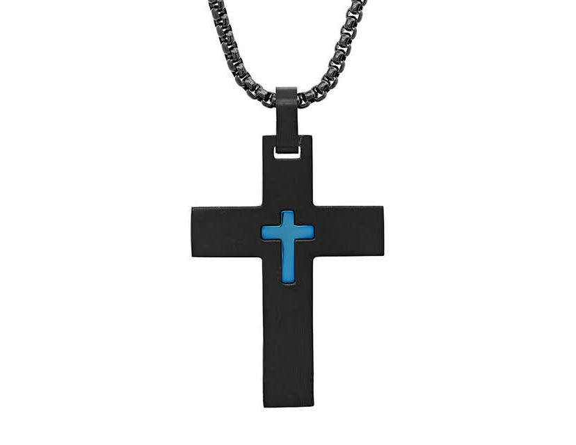 Mens black and blue ip stainless steel cross pendant