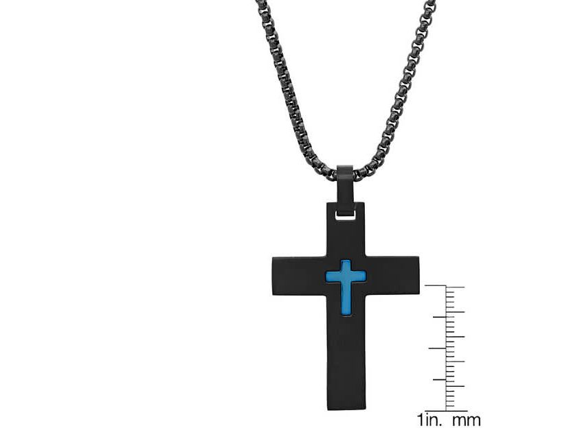 Mens black and blue ip stainless steel cross pendant