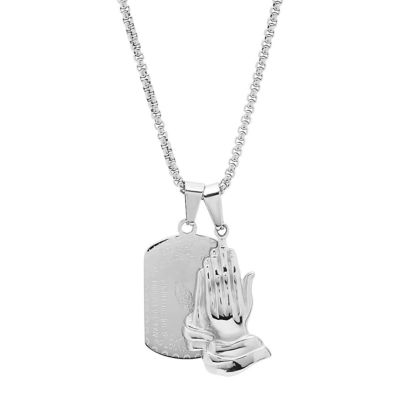 STEELTIME Men's stainless steel prayer hands and serenity prayer dog tag pendant necklaces, Silver