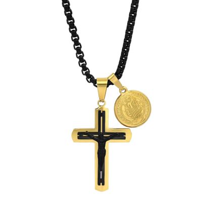 STEELTIME Men's two tone black ip & 18k gold plated stainless steel crucifix and round St. Benedict pendant