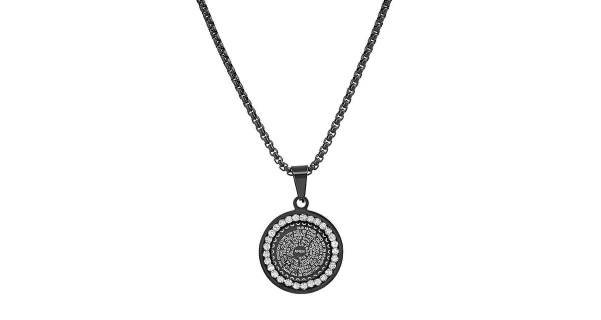 Mens black ip stainless steel and simulated diamonds "Our Father" prayer round pendant