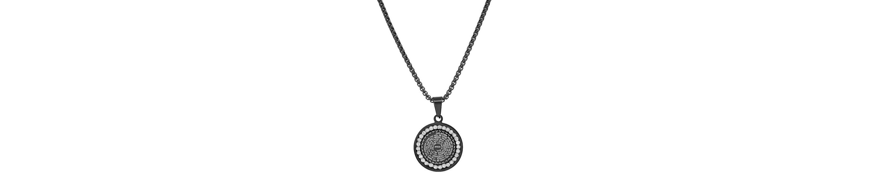 Mens black ip stainless steel and simulated diamonds "Our Father" prayer round pendant