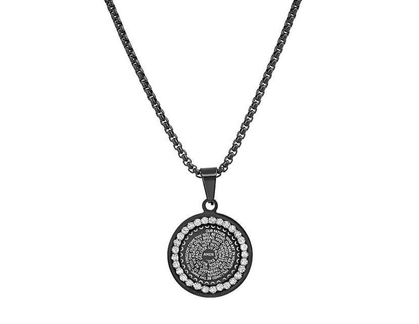 Mens black ip stainless steel and simulated diamonds "Our Father" prayer round pendant
