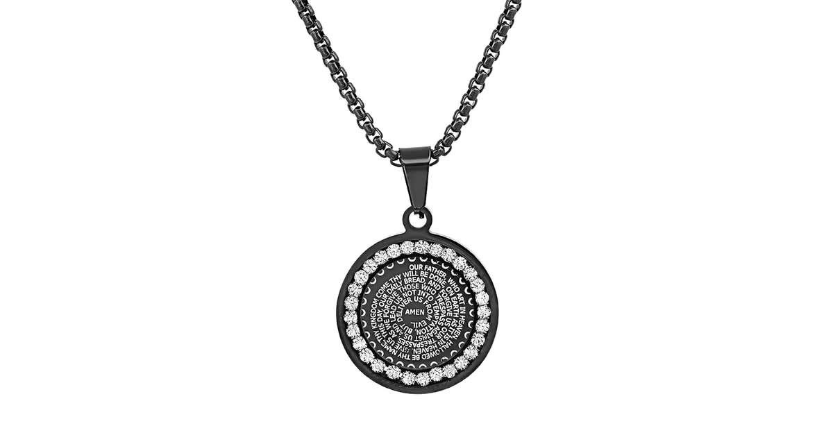 Mens black ip stainless steel and simulated diamonds "Our Father" prayer round pendant