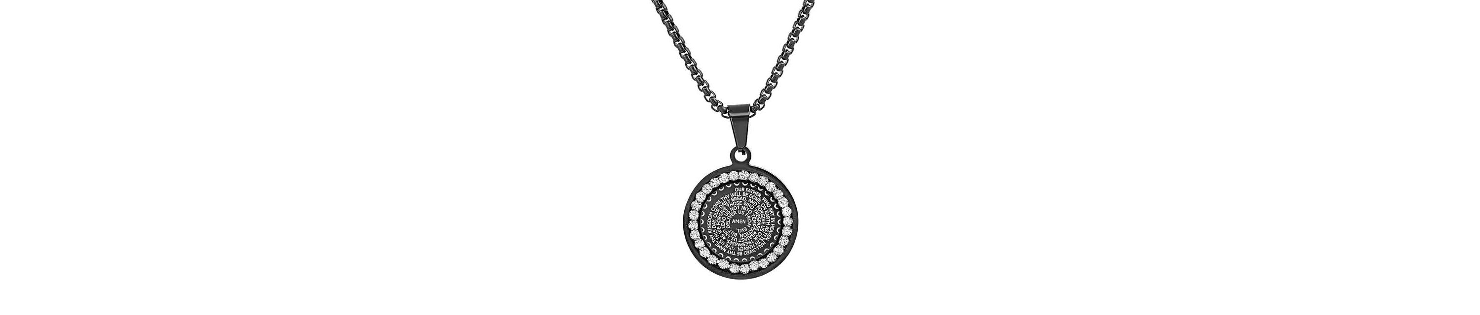 Mens black ip stainless steel and simulated diamonds "Our Father" prayer round pendant