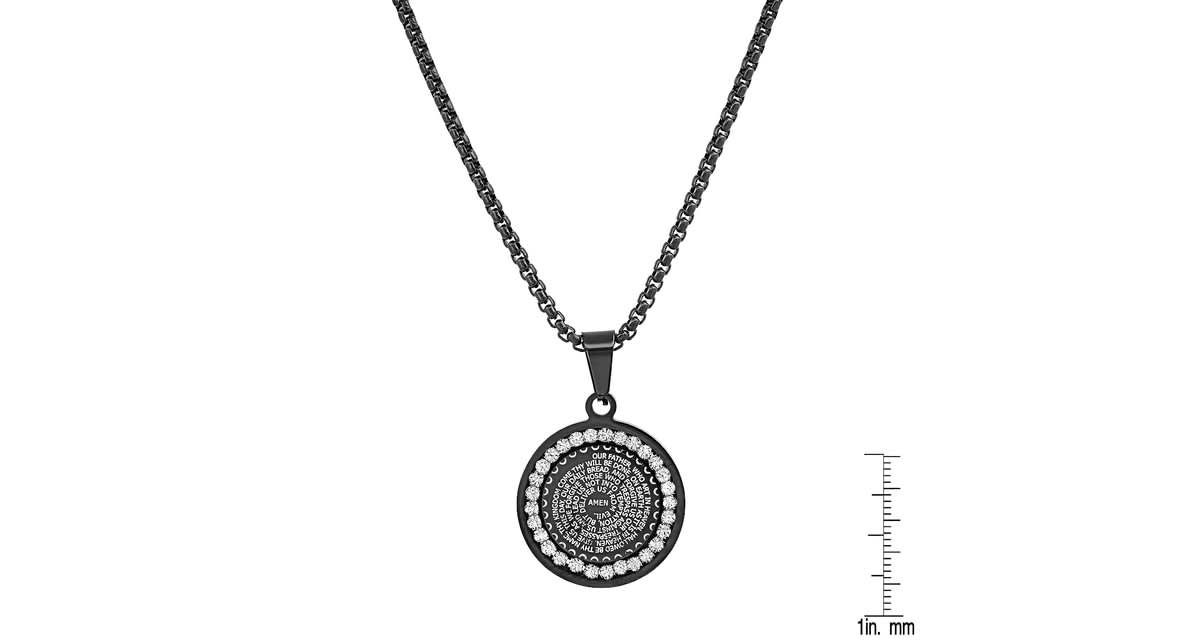 Mens black ip stainless steel and simulated diamonds "Our Father" prayer round pendant