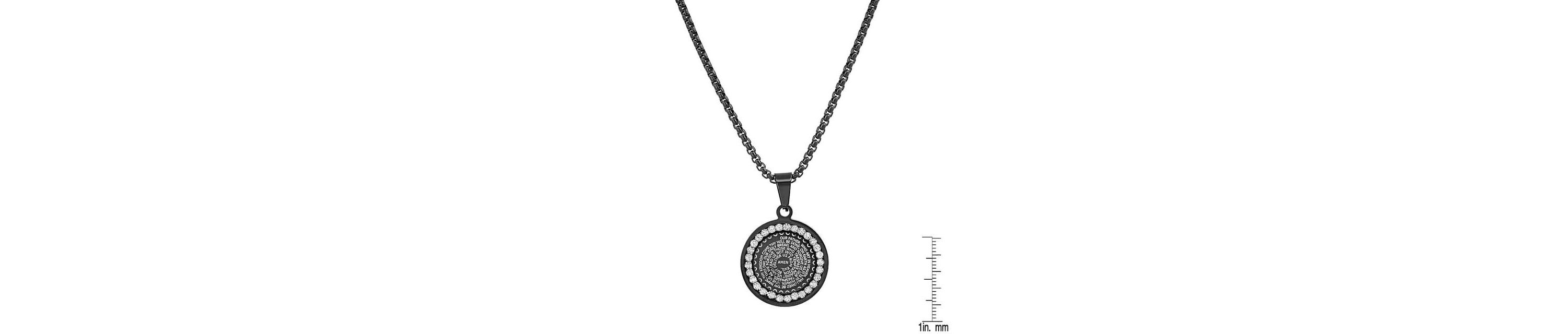 Mens black ip stainless steel and simulated diamonds "Our Father" prayer round pendant