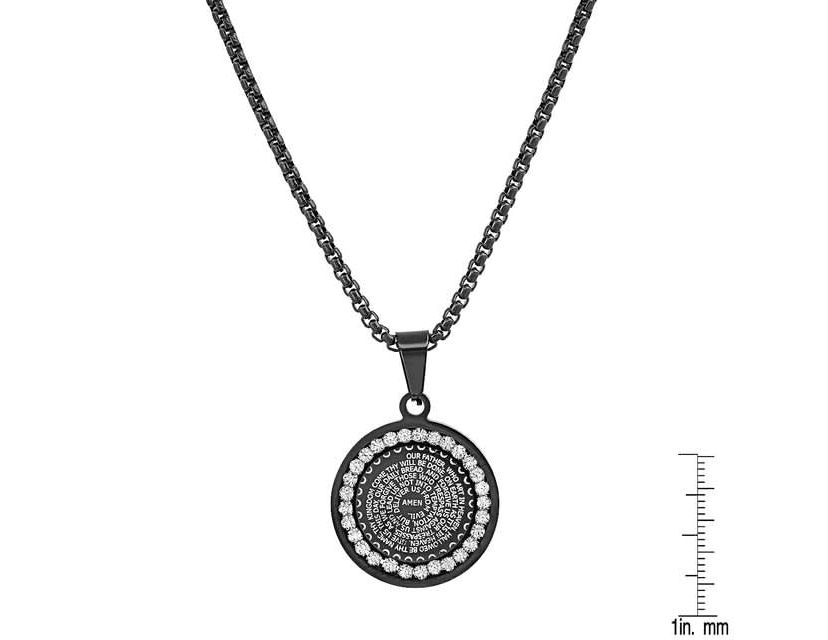 Mens black ip stainless steel and simulated diamonds "Our Father" prayer round pendant