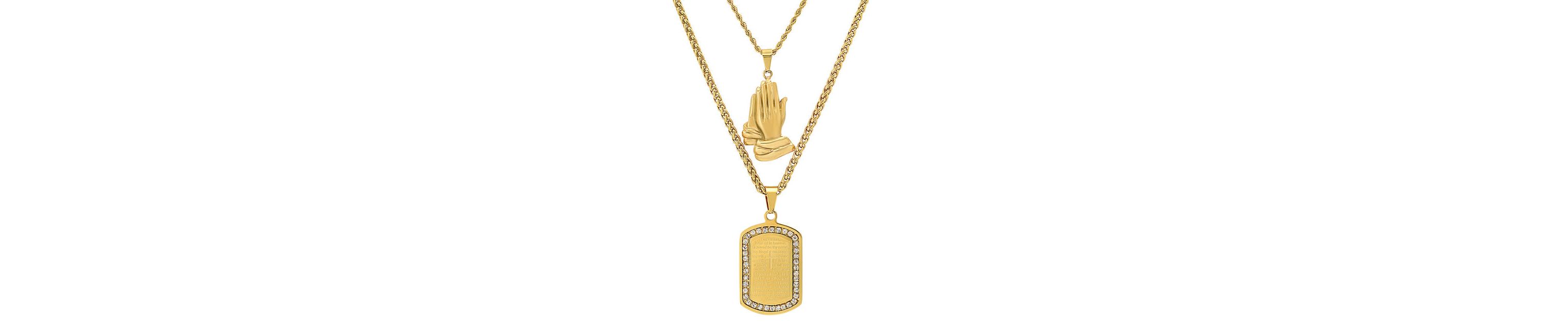Mens 18k gold plated stsainless steel double layered franco/rope chain with prayer hands & Our Father prayer dog tag pendant with simulated diamonds