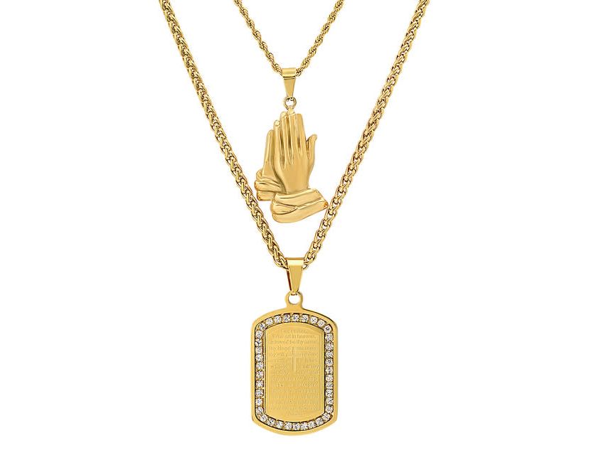 Mens 18k gold plated stsainless steel double layered franco/rope chain with prayer hands & Our Father prayer dog tag pendant with simulated diamonds