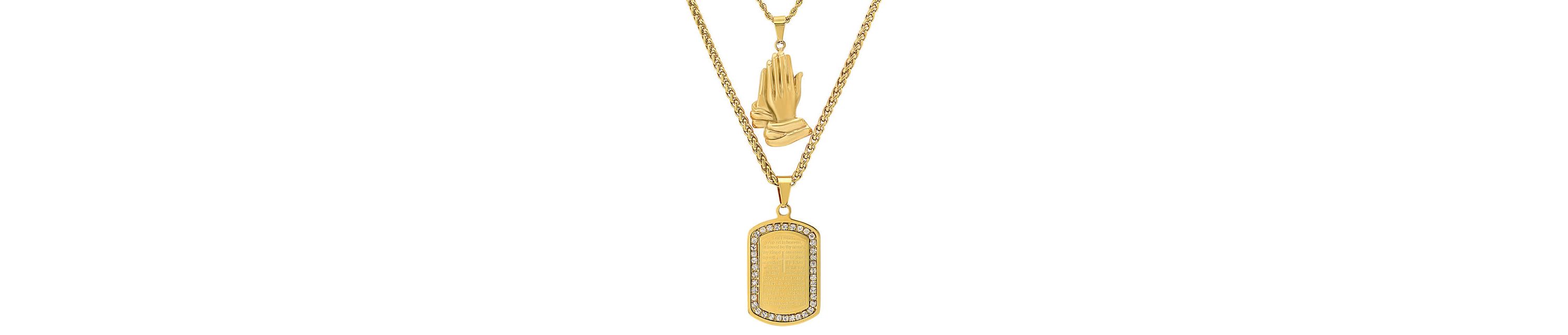 Mens 18k gold plated stsainless steel double layered franco/rope chain with prayer hands & Our Father prayer dog tag pendant with simulated diamonds