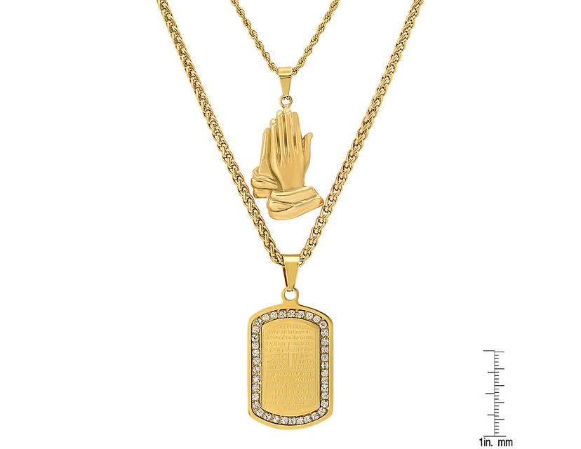 Mens 18k gold plated stsainless steel double layered franco/rope chain with prayer hands & Our Father prayer dog tag pendant with simulated diamonds