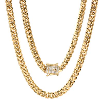 STEELTIME Lab Created Men's 18k gold plated stainless steel Miami Cuban chain necklace with simulated diamond box clasp