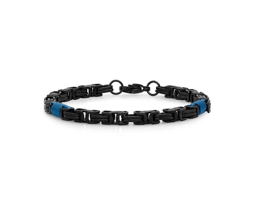 Mens two tone black and blue ip stainless steel byzantine bracelet