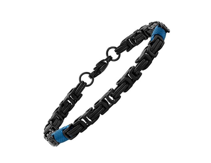 Mens two tone black and blue ip stainless steel byzantine bracelet