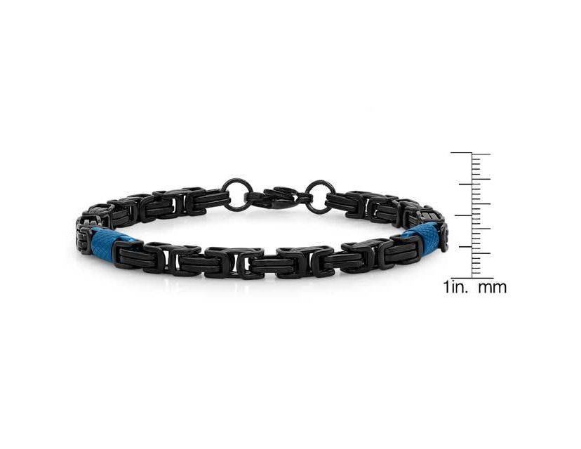 Mens two tone black and blue ip stainless steel byzantine bracelet