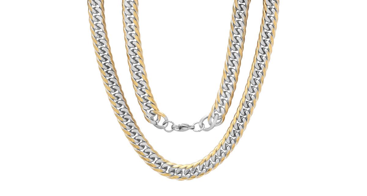 Mens stainless steel and 18k gold plated Cuban link chain necklace