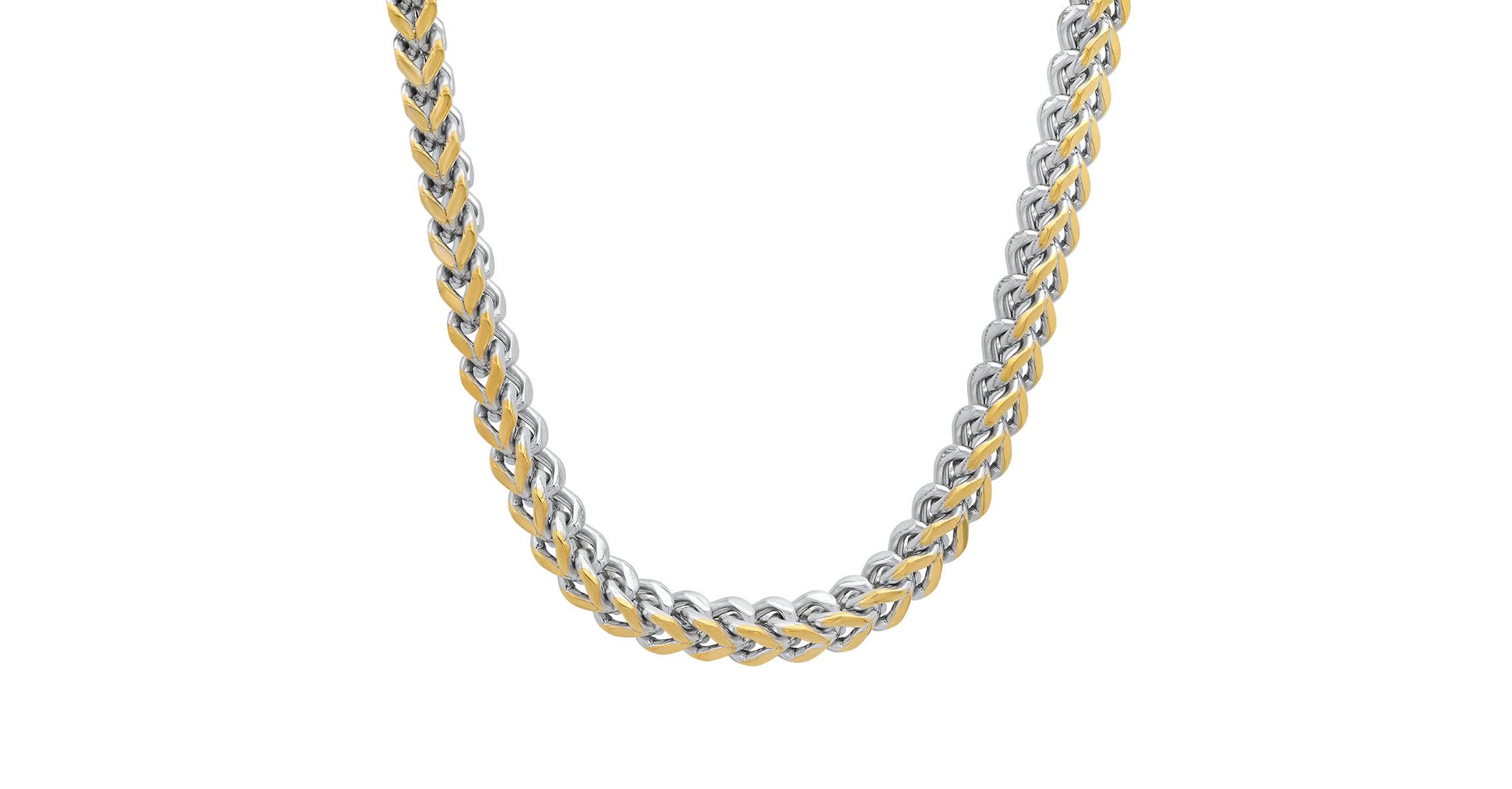 Mens two tone stainless steel and 18k gold plated wheat link necklace