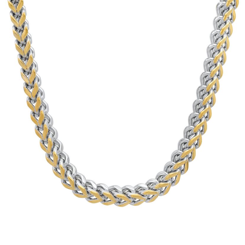 Mens two tone stainless steel and 18k gold plated wheat link necklace