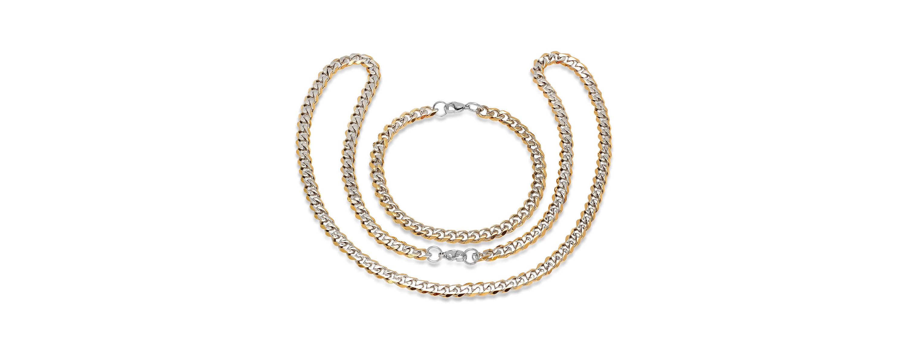 Mens two tone stainless steel and 18k gold plated stainless steel Cuban chain link bracelet and necklace set
