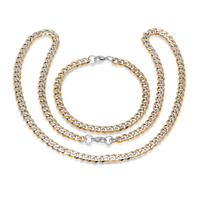 Mens two tone stainless steel and 18k gold plated stainless steel Cuban chain link bracelet and necklace set