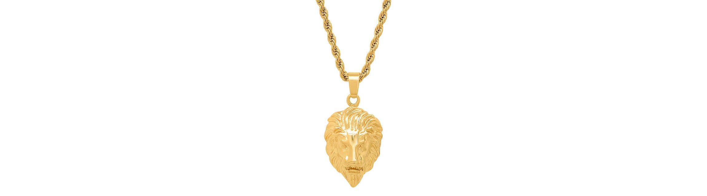 Mens 18k gold plated stainless steel lions head pendant