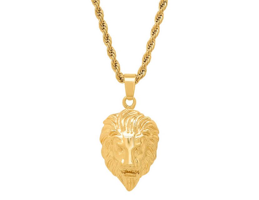 Mens 18k gold plated stainless steel lions head pendant