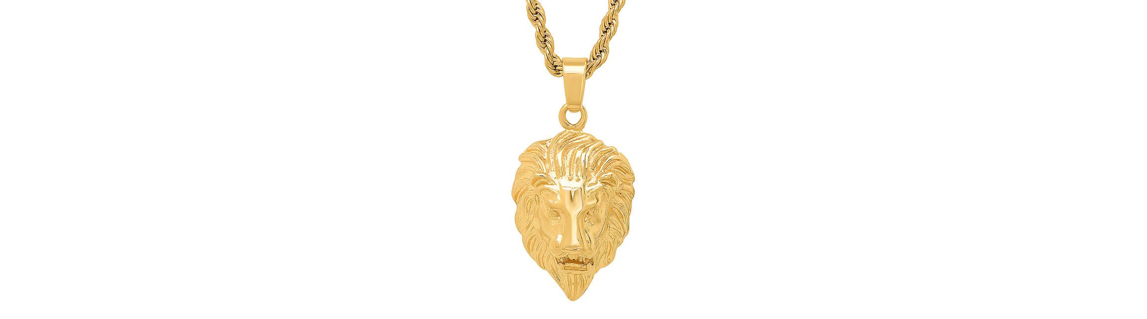 Mens 18k gold plated stainless steel lions head pendant