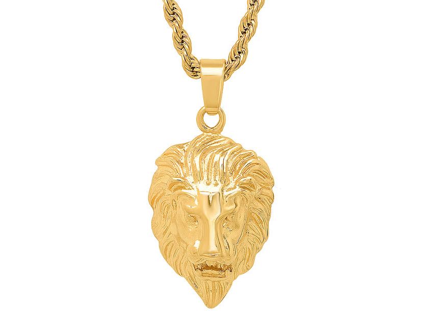 Mens 18k gold plated stainless steel lions head pendant