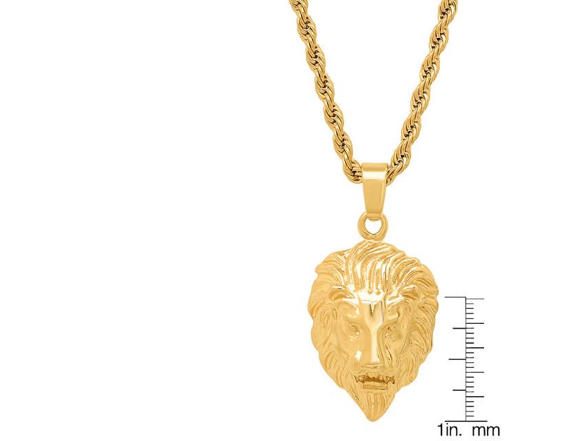 Mens 18k gold plated stainless steel lions head pendant