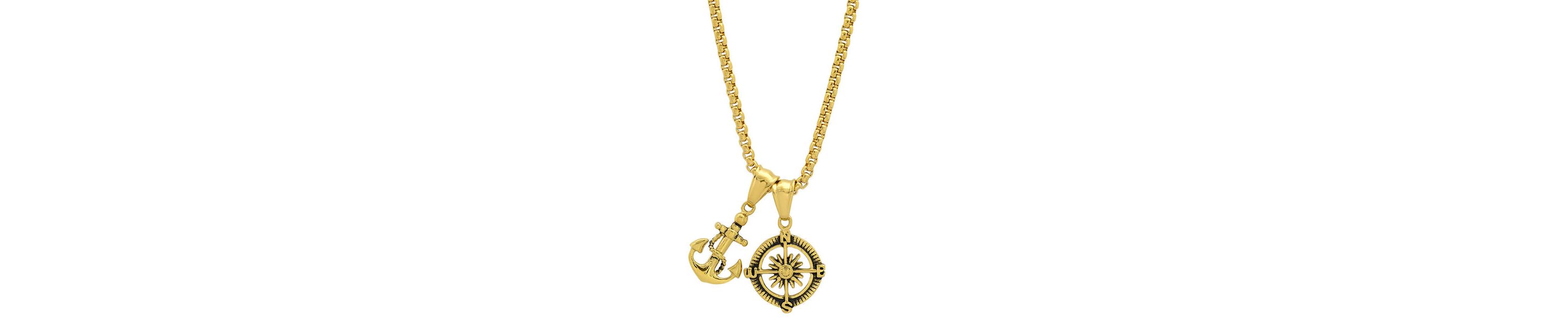 Mens 18k gold plated stainless steel anchor and compass pendant