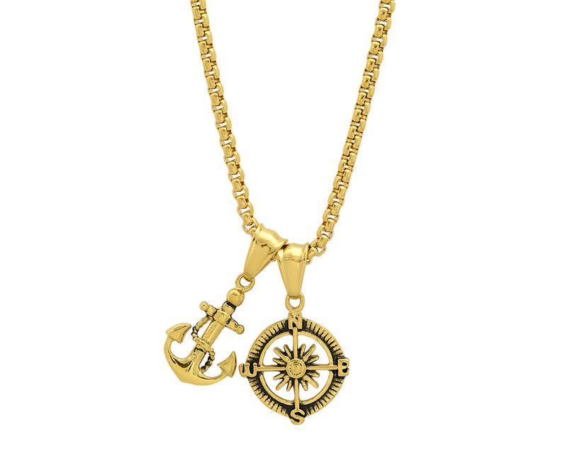 Mens 18k gold plated stainless steel anchor and compass pendant