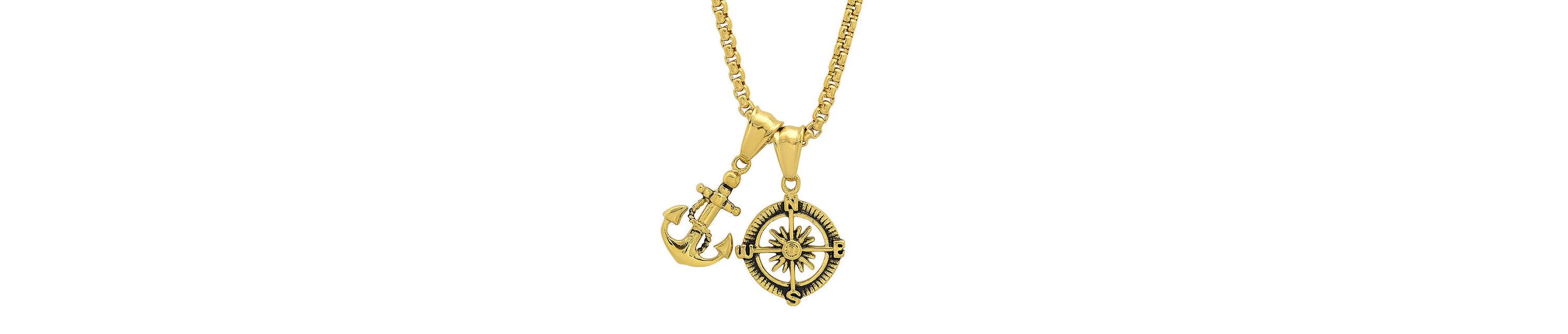Mens 18k gold plated stainless steel anchor and compass pendant