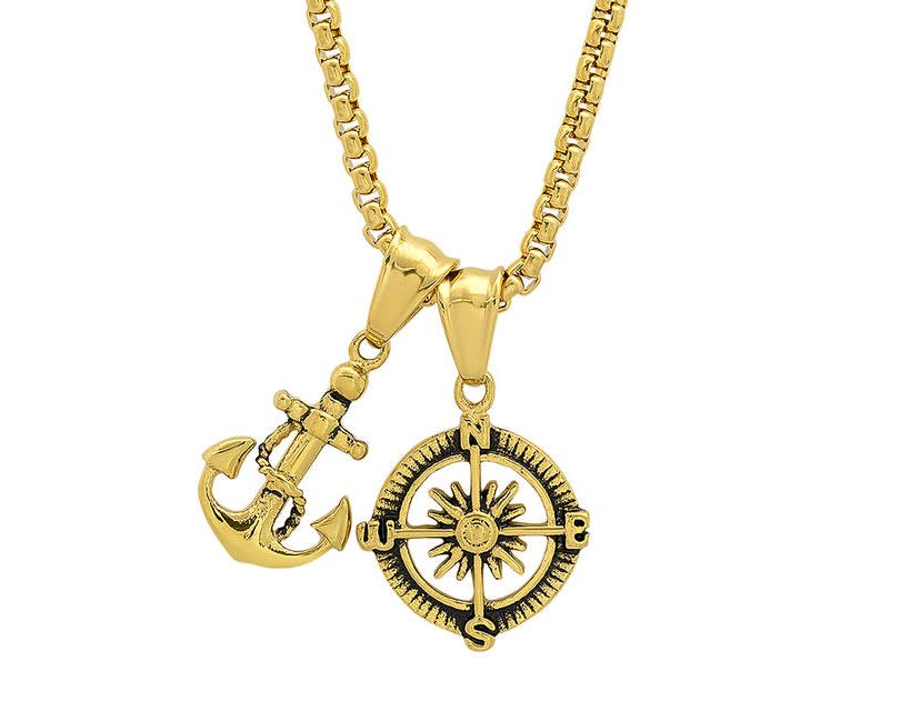 Mens 18k gold plated stainless steel anchor and compass pendant