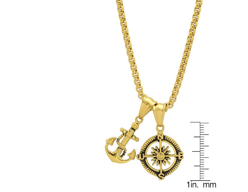 Mens 18k gold plated stainless steel anchor and compass pendant